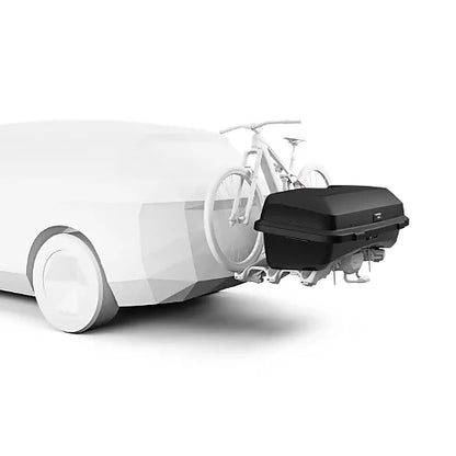 Thule Santu Hitch Cargo Box mounted on vehicle tow bar with Thule Epos bike rack carrying one bicycle for outdoor travel