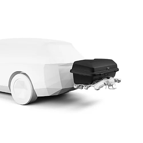 Thule Santu Hitch Cargo Box mounted on car rear tow hitch with clean aerodynamic design