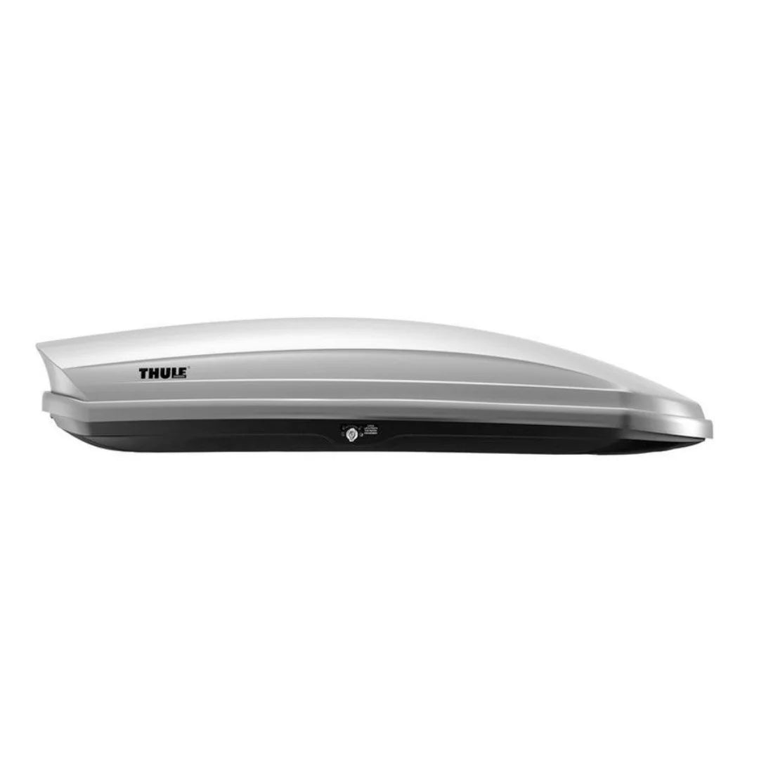 Thule Sonic M cargo box in silver, full side view on white background

