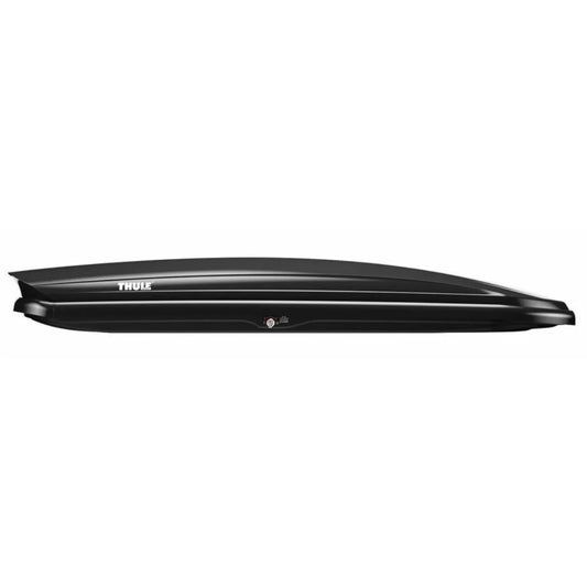 Thule Sonic Alpine cargo box in black finish, side view profile mounted on roof rack