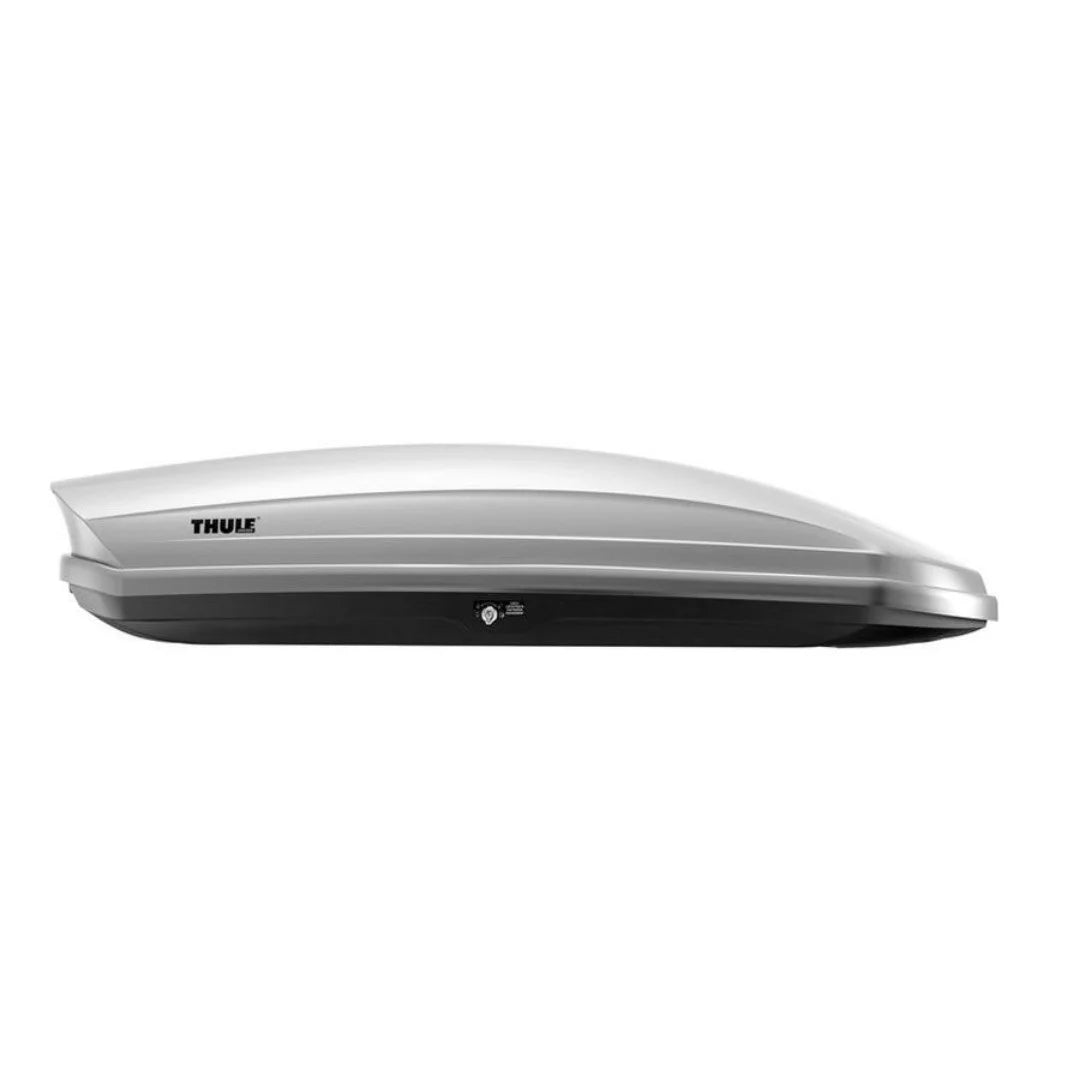 Thule Sonic XL cargo box in silver, full side view on white background

