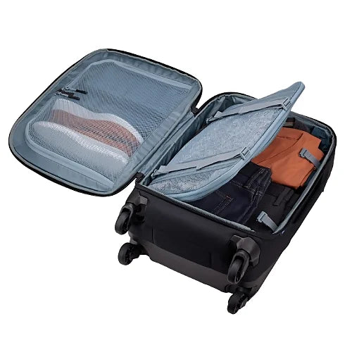 Open Thule Subterra 2 dark slate carry-on suitcase with mesh dividers and organized packing compartments