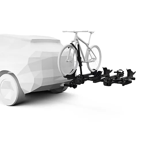 Thule T2 Pro X 2 Bike Add-On installed on hitch with one bike mounted on white background