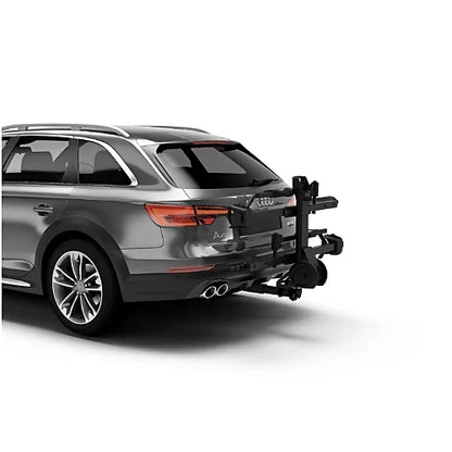 Rear view of Thule T2 Pro X folded upright on Audi A4