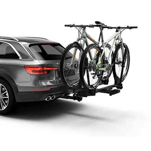 Side view of Thule T2 Pro X with 2 mountain bikes
