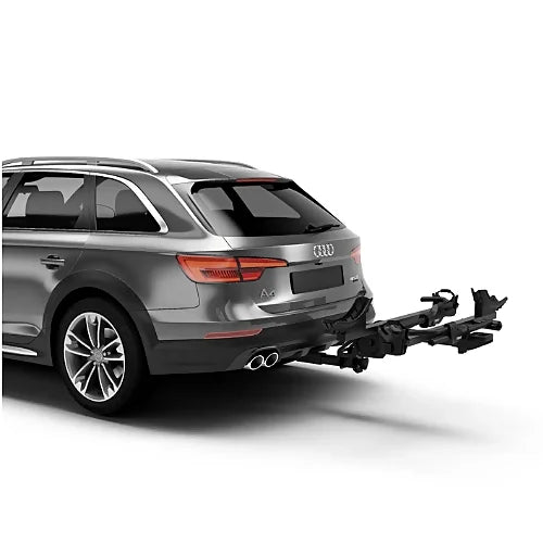 Thule T2 Pro X bike rack tilted down, no bikes, Audi A4