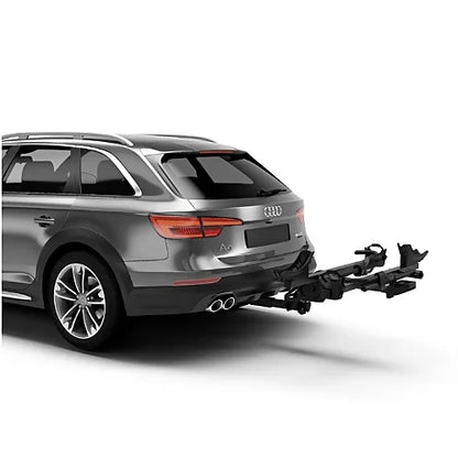 Thule T2 Pro X bike rack tilted down, no bikes, Audi A4