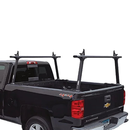 Thule TracRac TracOne black rack installed on black Chevy Silverado — rear view