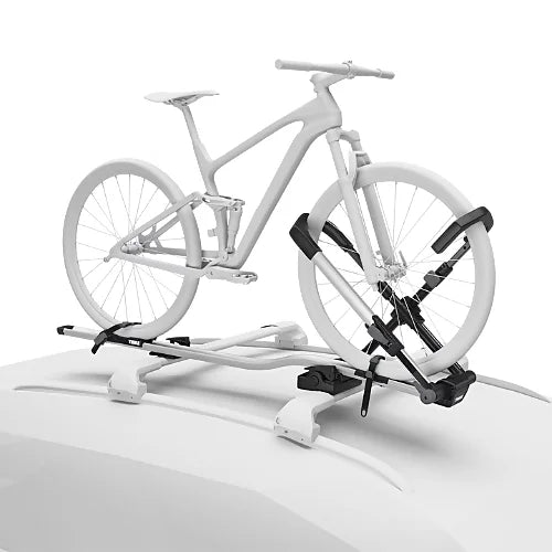 3D simulation of Thule UpRide bike rack installed on vehicle with bike mounted