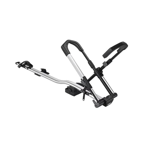 Thule UpRide roof bike rack shown in upright position with frame-free wheel mounting system