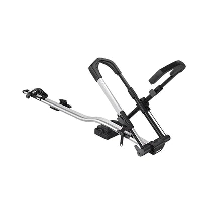 Thule UpRide roof bike rack shown in upright position with frame-free wheel mounting system