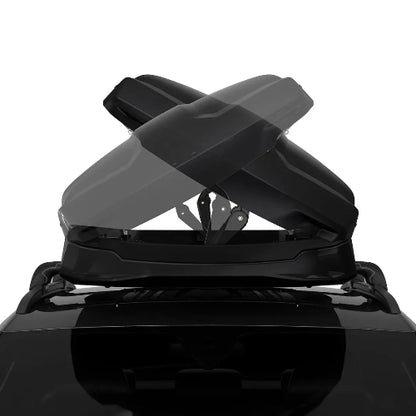 Thule Vector Alpine dual-side opening lid system showing easy access from both sides of vehicle