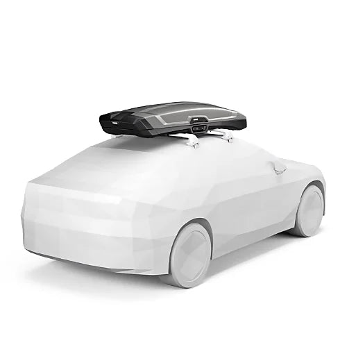 Rear angle of Thule Vector Alpine grey roof cargo box mounted on car showcasing modern aerodynamic styling and fitment