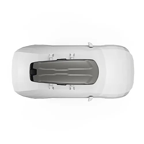 Top view of Thule Vector Alpine grey roof cargo box on car showing aerodynamic low-profile design and seamless fit