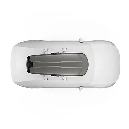 Top view of Thule Vector Alpine grey roof cargo box on car showing aerodynamic low-profile design and seamless fit