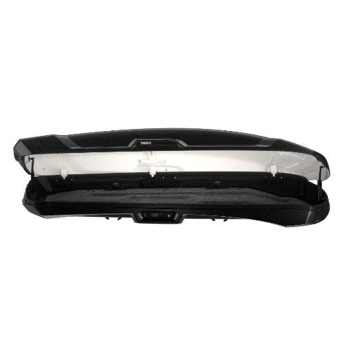 Thule Vector Alpine roof cargo box open view showing felt-lined interior and integrated LED lighting