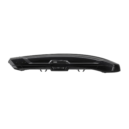 Thule Vector Alpine roof cargo box side profile view showing aerodynamic black design and integrated latch