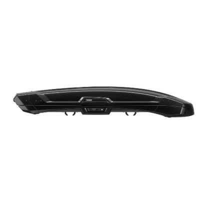 Thule Vector Alpine roof cargo box side profile view showing aerodynamic black design and integrated latch