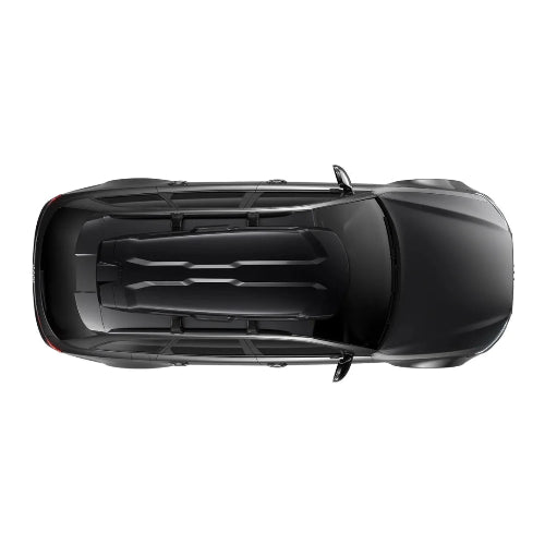 Top view of Thule Vector Alpine roof cargo box mounted on vehicle showing aerodynamic low-profile design and sleek fit