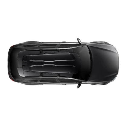 Top view of Thule Vector Alpine roof cargo box mounted on vehicle showing aerodynamic low-profile design and sleek fit
