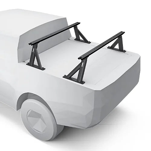 Thule Xscape truck rack mounted on a pickup with a tonneau cover, showing adjustable uprights and load bars