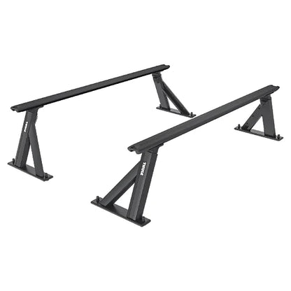 Angled view of Thule Xscape SR baserail truck rack uprights and aluminum load bars on white background