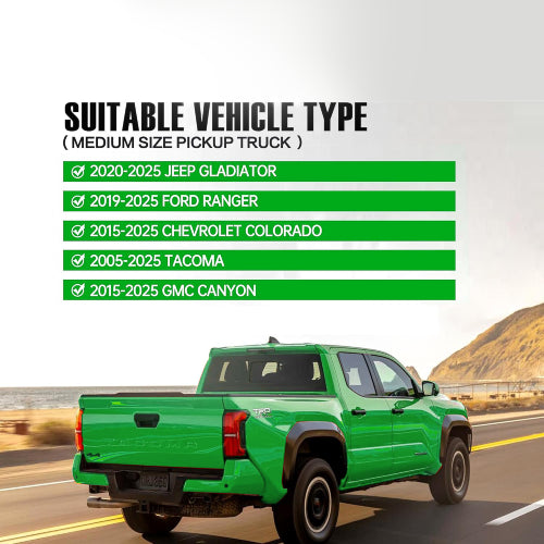 Truck bed rack vehicle compatibility list: Jeep Gladiator, Ford Ranger, Chevy Colorado, Toyota Tacoma, GMC Canyon