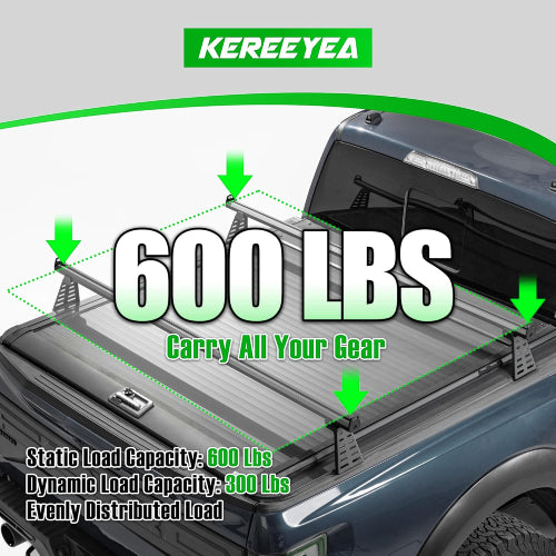 Truck bed rack load chart showing 600 lbs static and 300 lbs dynamic load