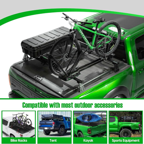 Truck bed rack carrying a bike, storage box, and compatible with rooftop tent and kayak