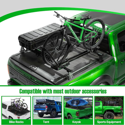 Truck bed rack carrying a bike, storage box, and compatible with rooftop tent and kayak