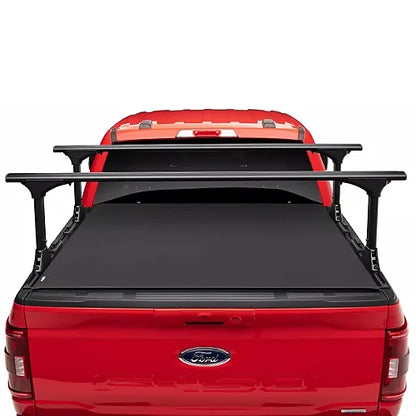 Truxedo Elevate Rack mounted above closed tonneau cover on red Ford truck