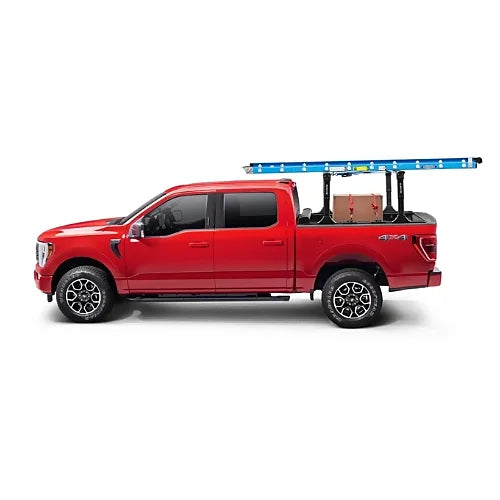 Truxedo Elevate Rack loaded with ladder and gear on red Ford truck for work transport