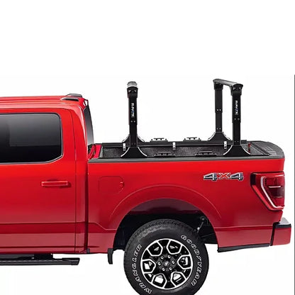 Truxedo Elevate Rack shown with uprights at mid-height on red Ford truck