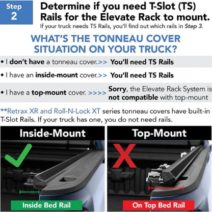 Truxedo Elevate TS Rails fitment chart comparing inside-mount vs top-mount tonneau covers