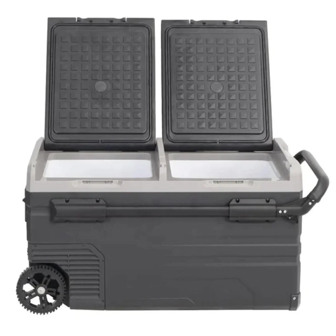 Top view of Wabban fridge with both lids open showing dual-zone compartments