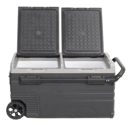 Top view of Wabban fridge with both lids open showing dual-zone compartments