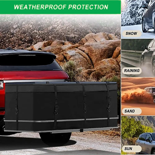 Close-up of waterproof 600D Oxford fabric on hitch bag with rain effect