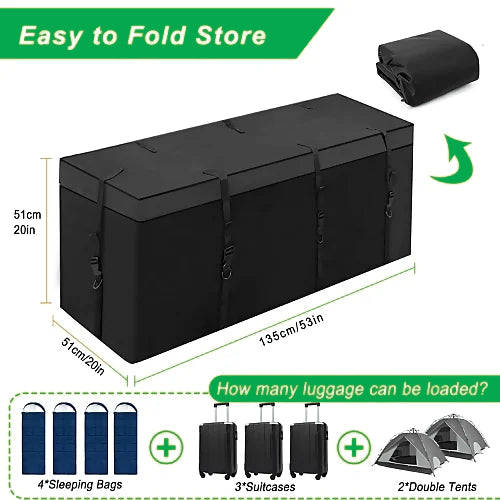 Foldable waterproof hitch bag with size dimensions and capacity guide (sleeping bags, tents)