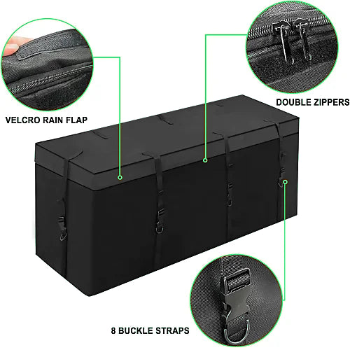Green waterproof hitch cargo bag mounted on SUV rear platform rack