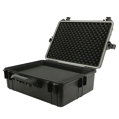 Heavy-duty waterproof impact-resistant storage case with foam interior for tools, electronics, and delicate equipment protection