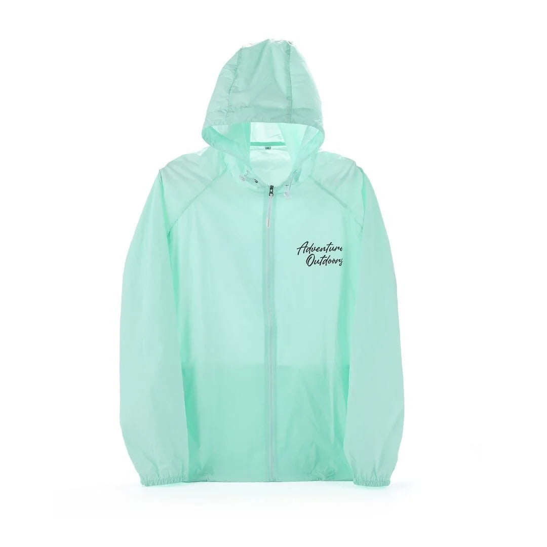 Teal Adventure Outdoors water-resistant windbreaker with hood shown front-facing
