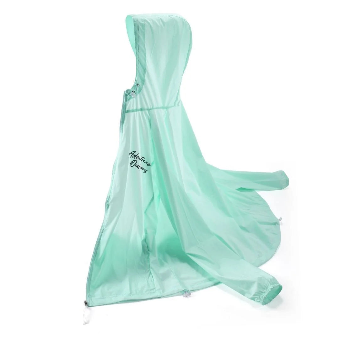 Teal Adventure Outdoors windbreaker side view laid flat with hood up
