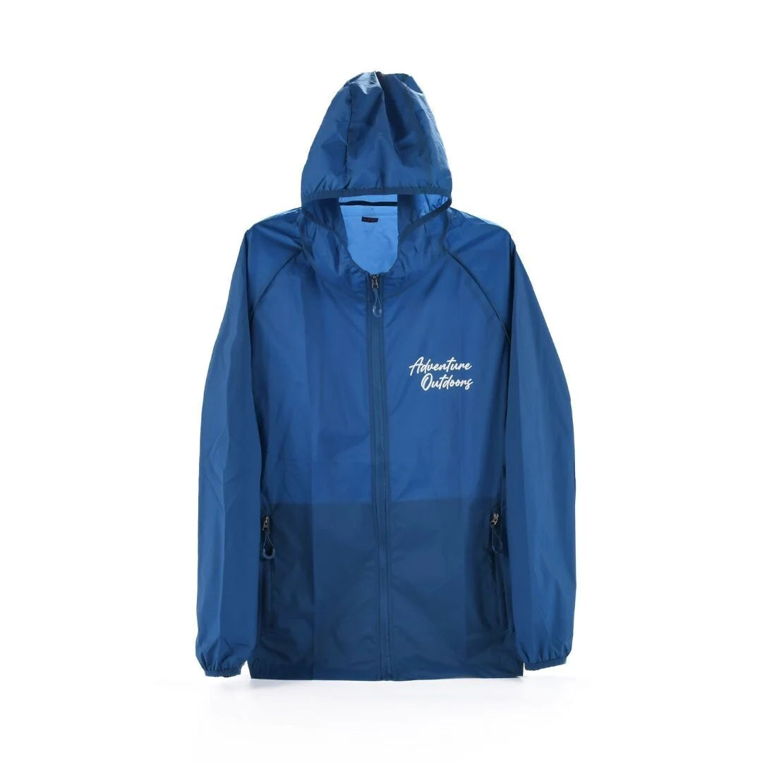 Blue Adventure Outdoors water-resistant windbreaker with hood shown front-facing
