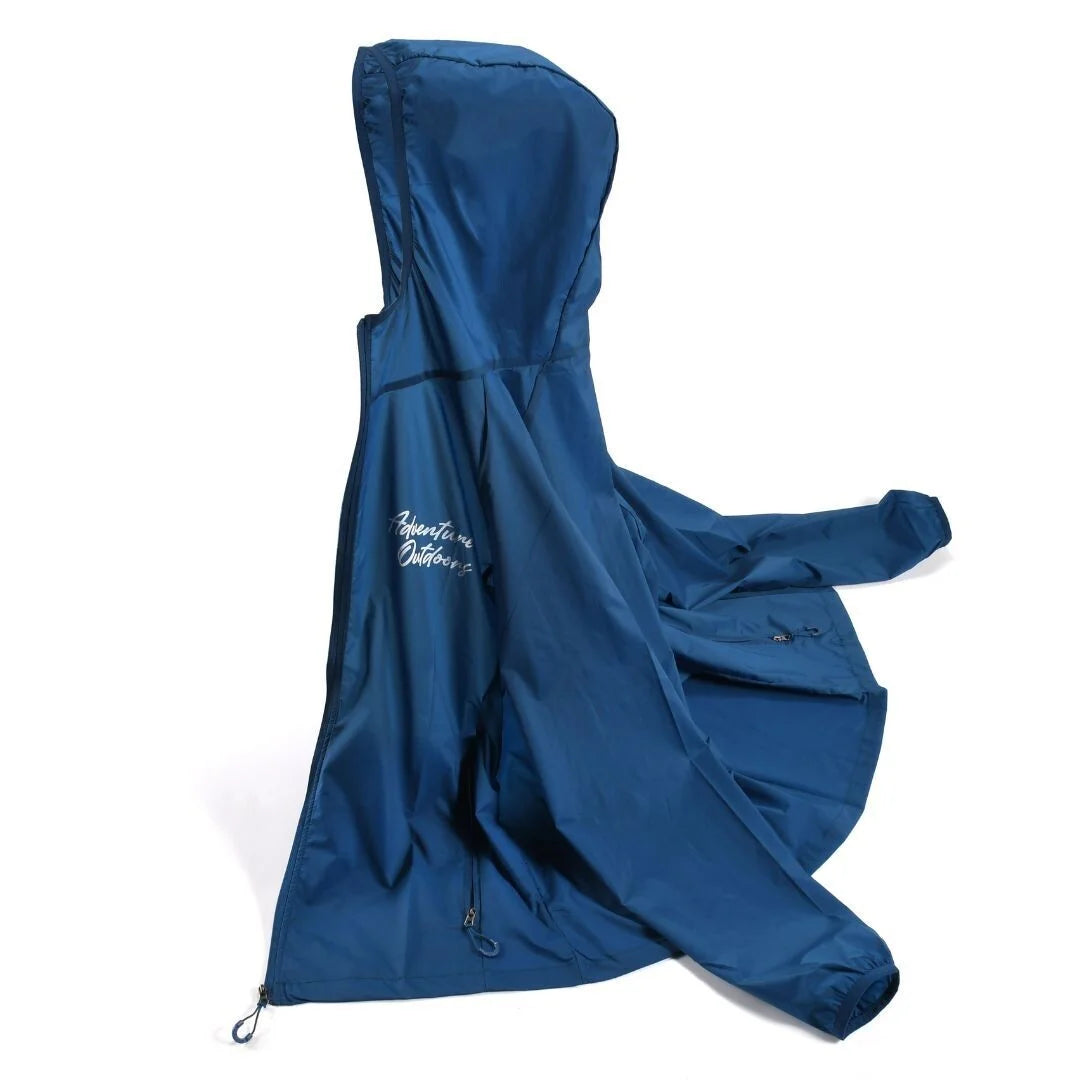 Blue Adventure Outdoors windbreaker laid flat showing back and hood
