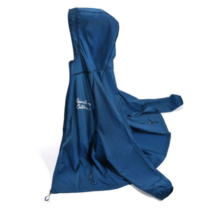 Blue Adventure Outdoors windbreaker laid flat showing back and hood
