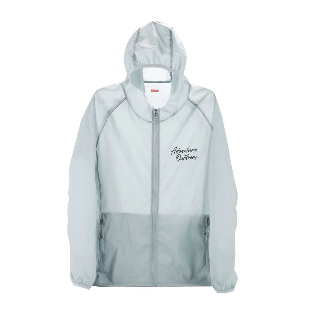 Light grey Adventure Outdoors water-resistant windbreaker with hood shown front-facing

