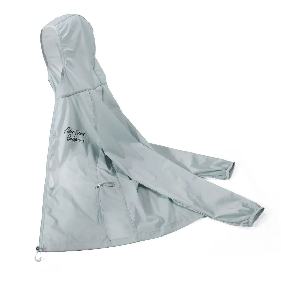 Light grey Adventure Outdoors windbreaker side view laid flat with hood up
