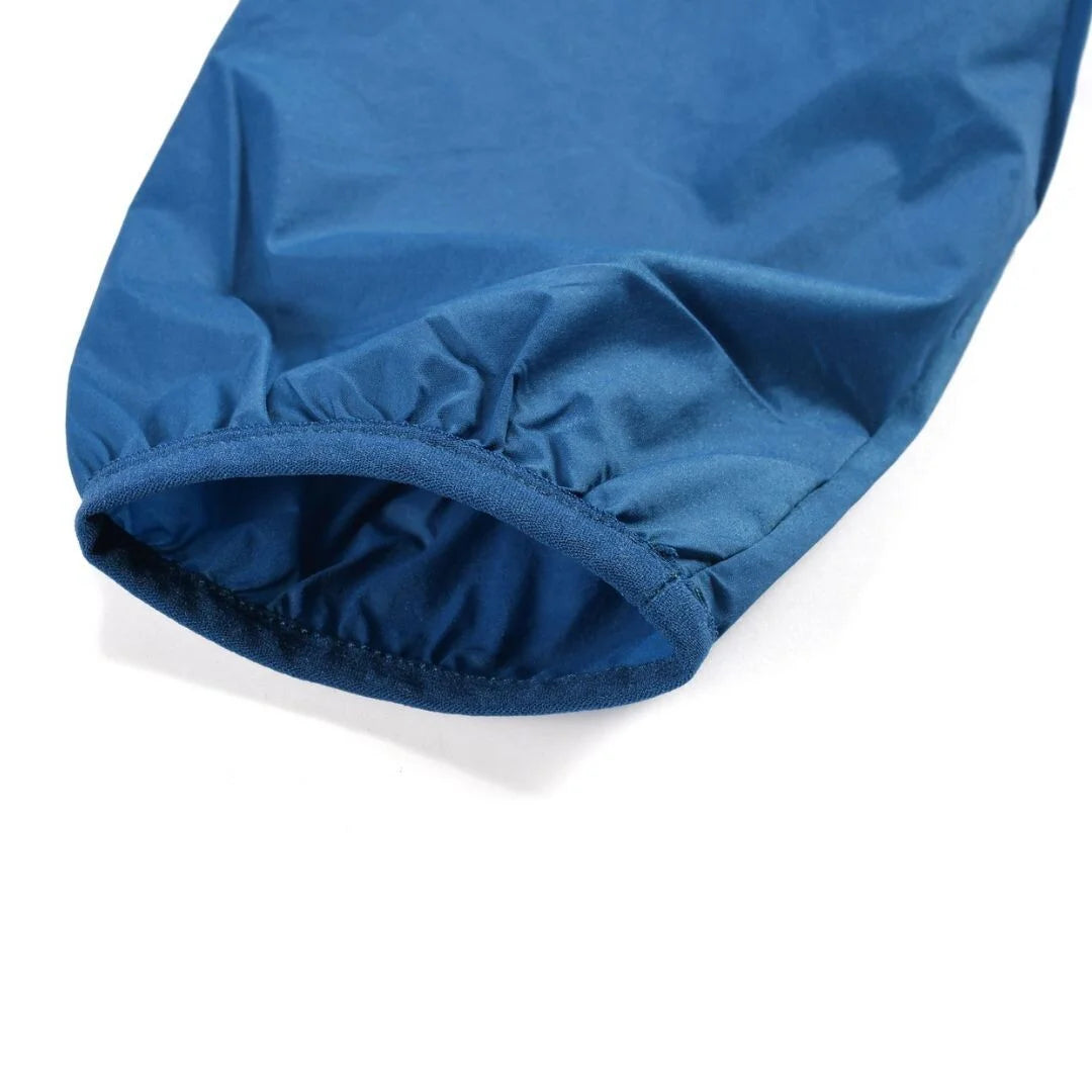 Close-up of blue windbreaker elasticated sleeve cuff
