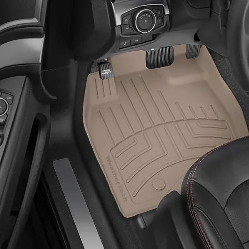 Custom-fit tan WeatherTech FloorLiner showing contoured shape and secure fit
