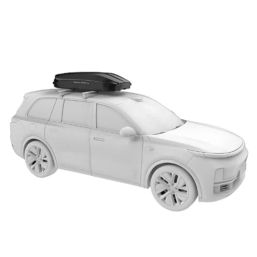 Woods aerodynamic black roof cargo box mounted on vehicle roof rack